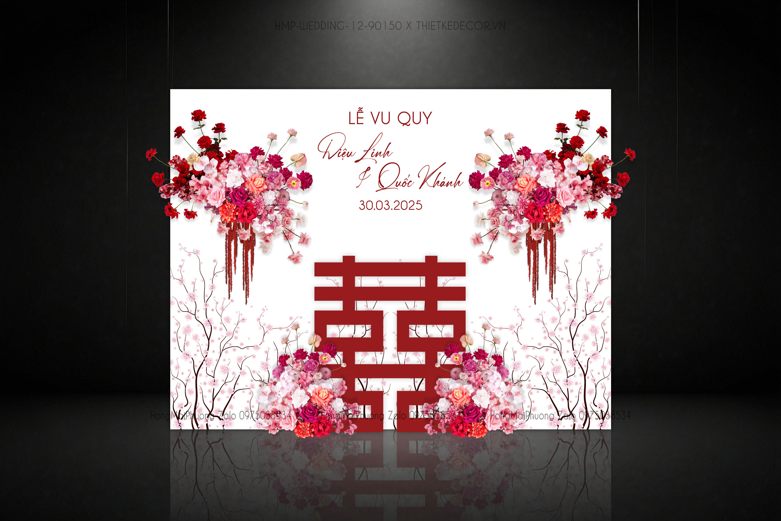 Backdrop checkin cưới hoa văn cành hoa kèm chữ Hỷ